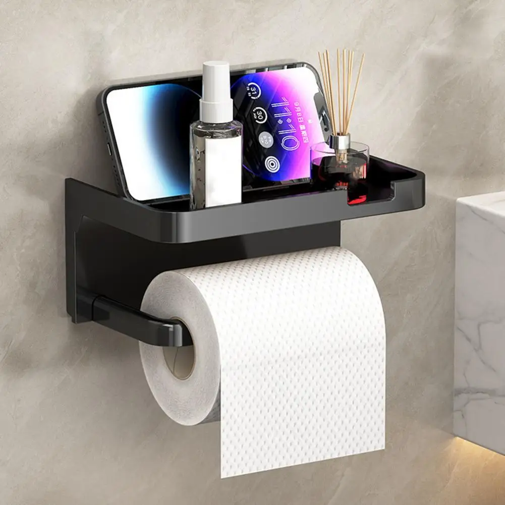 Metal Toilet Paper Holder Bathroom Organizer with Storage Shelf Self-adhesive Toilet Paper Holder for Simple Installation Strong