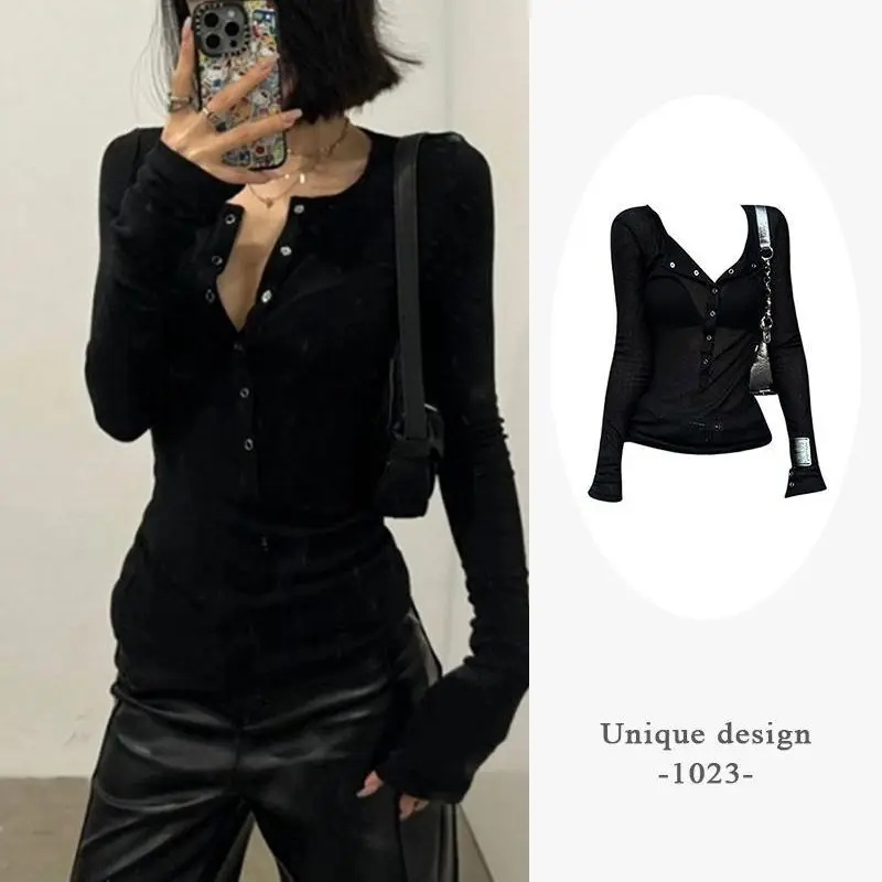 

Simple V-neck Single Breasted Tops Mujer Y2k Slim Fit Long Sleeve Tee Shirt 2025 Autumn New All-match T-shirt Women