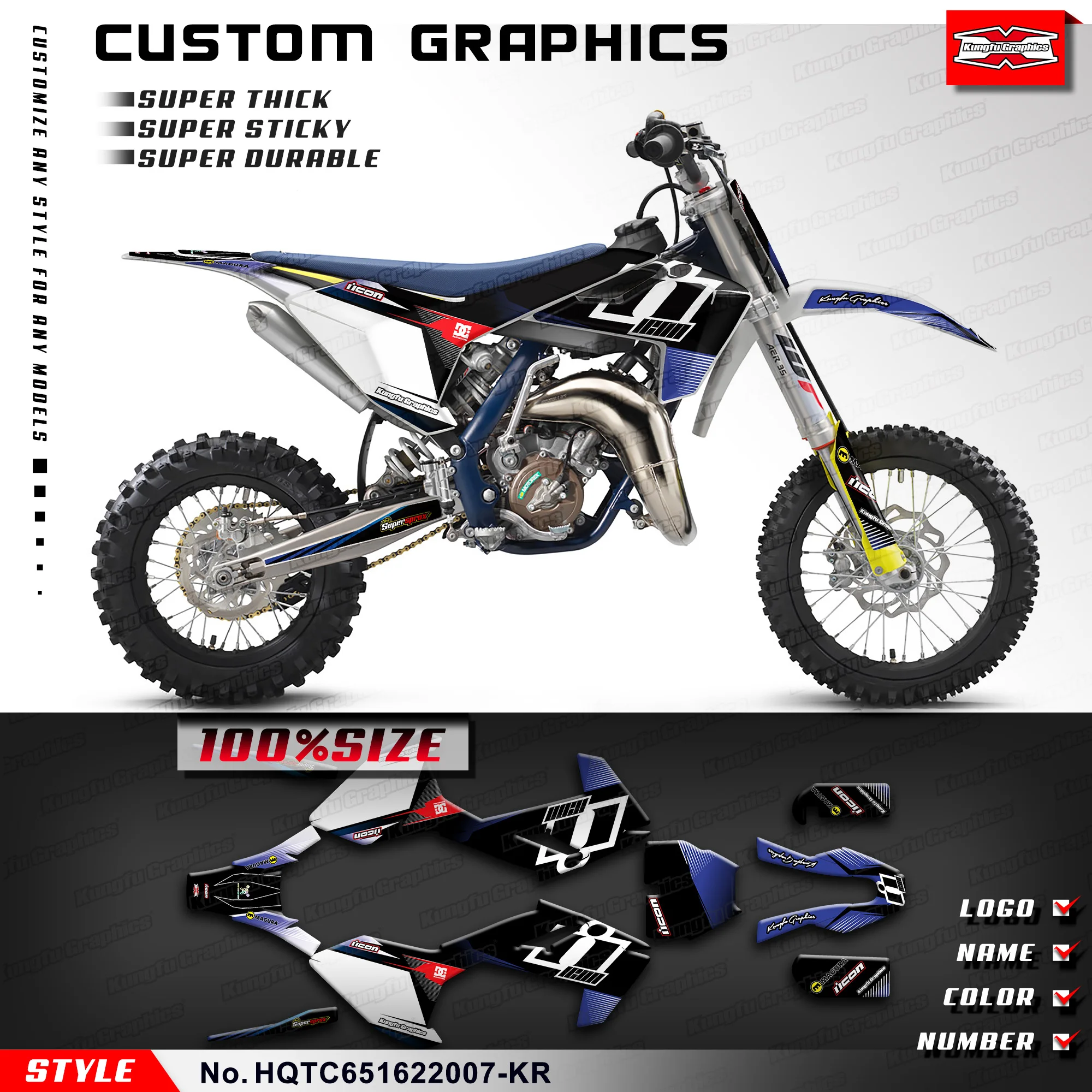 KUNGFU GRAPHICS Motocross Stickers MX Racing Decals Kit for Husqvarna TC65 TC 65 2016-2023, HQTC651622007-KR