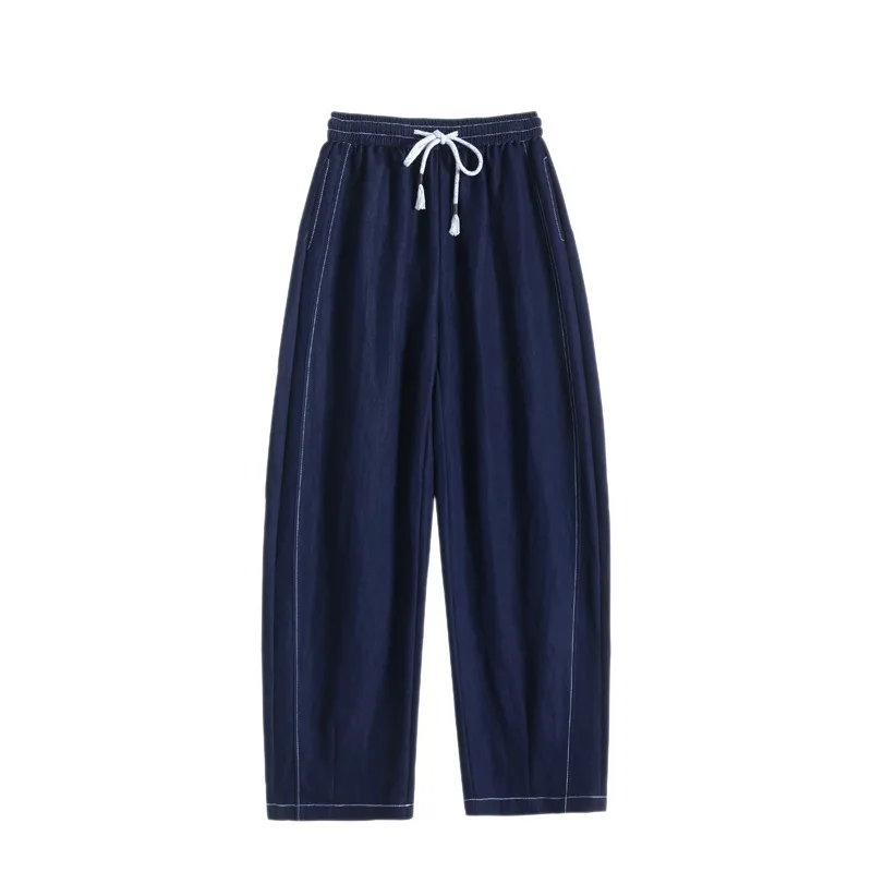 بنطلون جينز نسائي خفيف الوزن وواسع الساق من Yapher بخصر عالٍ مع بنطال برباط مرن يسمح بمرور الهواء باللون الأزرق الداكن