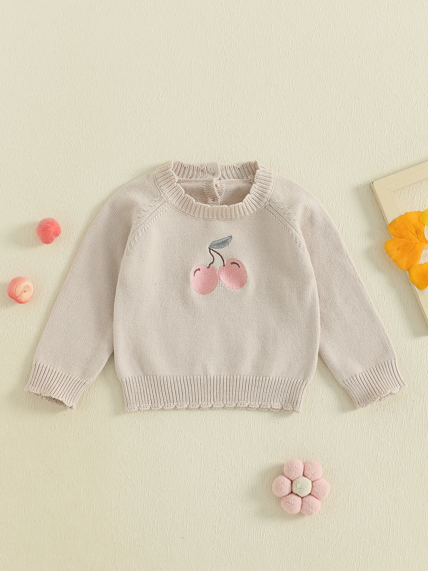 

Infant Girl Autumn Sweater with Floral Embroidery and Ribbed Trim Crew Neck Long Sleeve Knit Pullover for Toddlers
