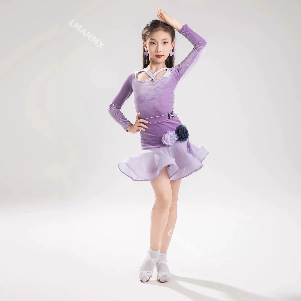 가을 겨울 신상 라틴 댄스 의상, 타로 보라색 대비의 입체 꽃무늬 라틴 연습복