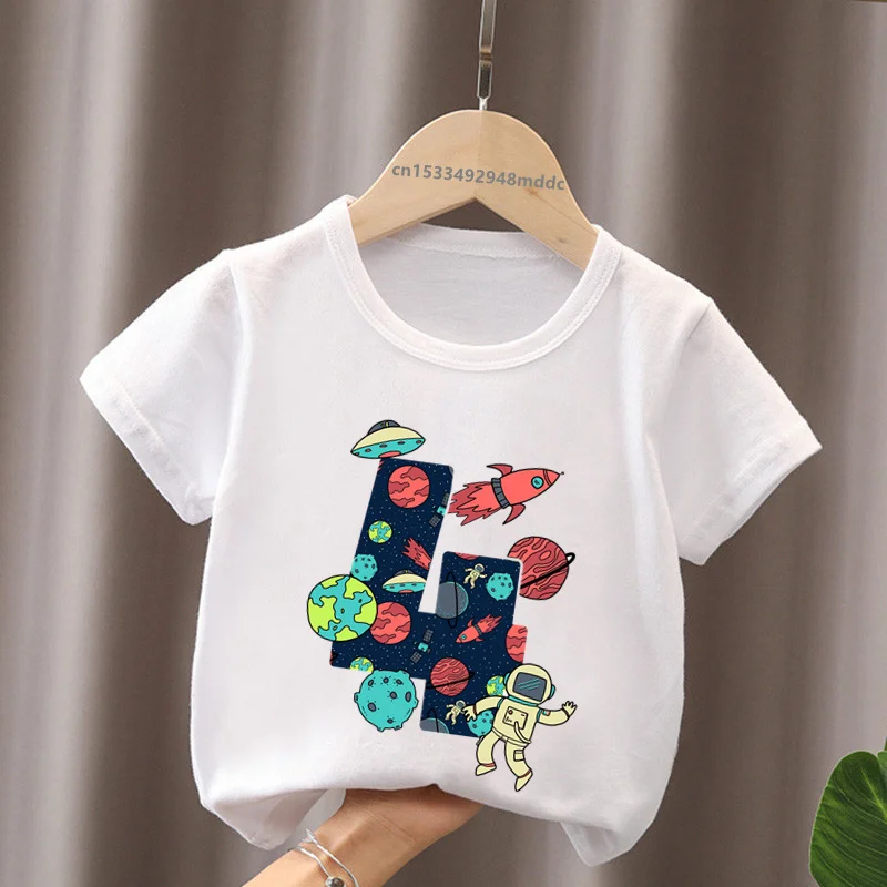 Space and Astronauts Print Birthday Number Bow Kids T shirt 1 2 3 4 5 6 7 8 9 Years Girls Clothes Funny Baby Boys Gift T-Shirts