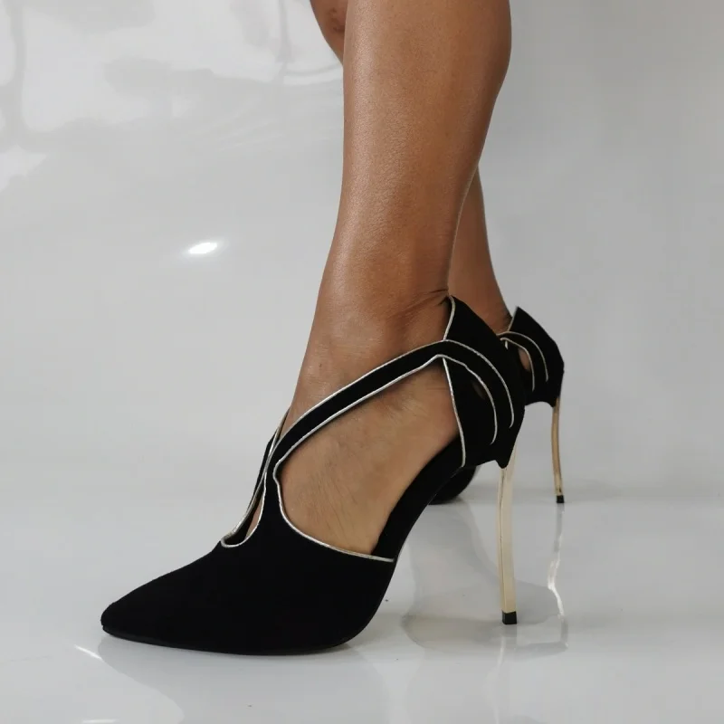 خنجر عالية الكعب النساء حذا فردي للسيدات أسود اللون عبر حزام الضحلة مضخات اليدوية العلامة التجارية تصميم جودة أحذية سيدة حجم 45 #2