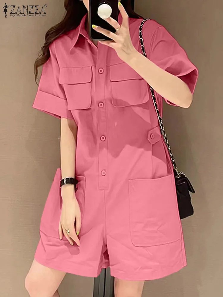 2024 ZANZEA Summer Rompers Women Fashion Lapel Neck Short Sleeve Cargo Jumpsuits Solid Loose Holiday Overalls Casual Playsuits