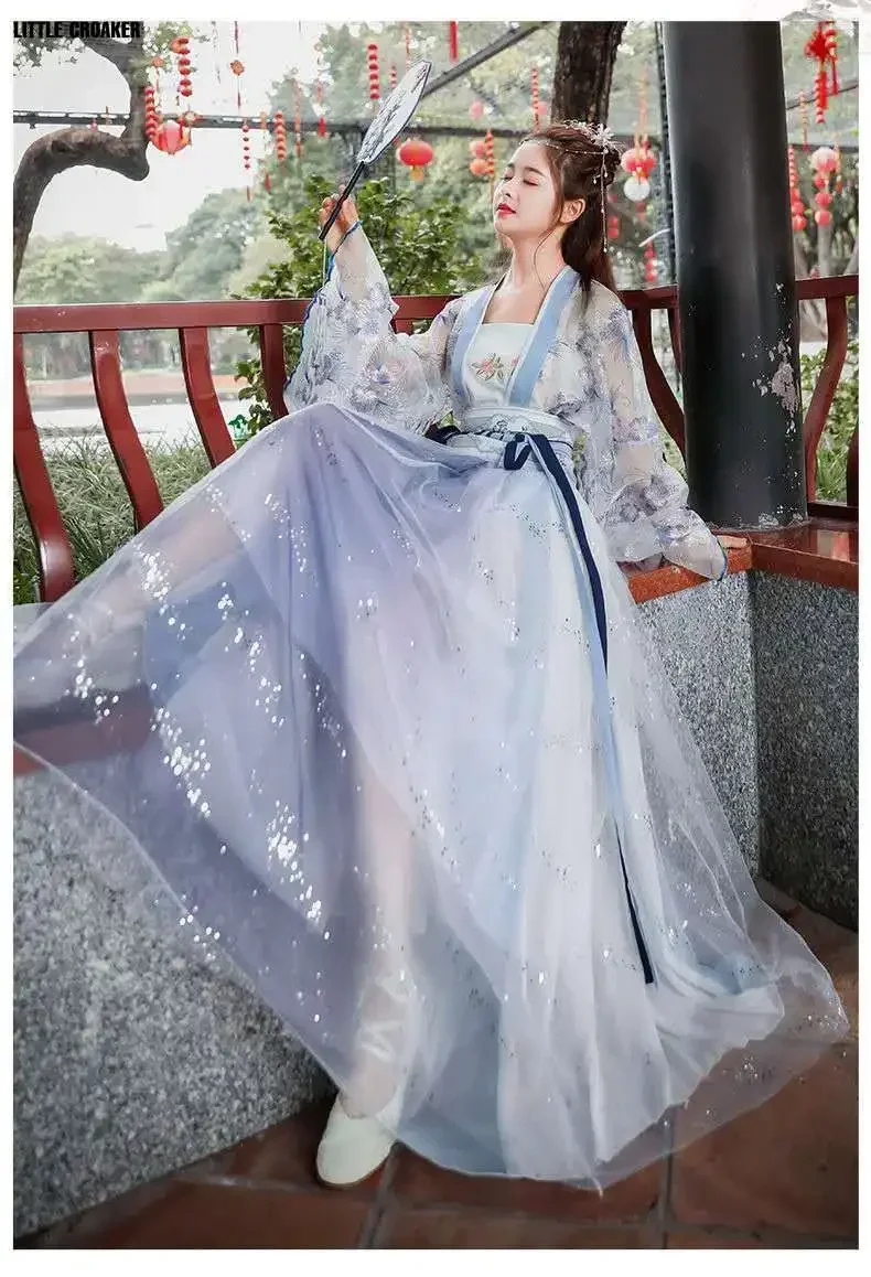 Disfraz tradicional chino Hanfu para mujer, traje de Cosplay de la antigua dinastía Han, vestido de espectáculo de escenario, conjunto de traje de Baile Folclórico chino, 2023