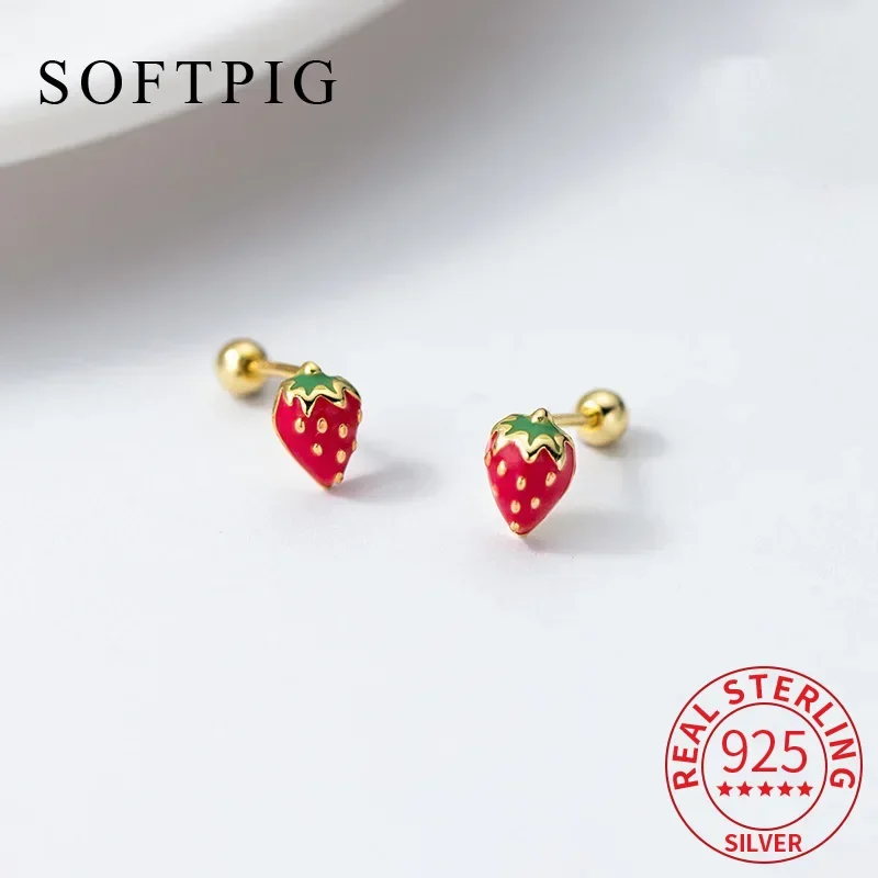 SOFTPIG Real 925 Sterling Silver Strawberry Bead Screw Mini 18K Stud Earrings for Women Trendy Fine Jewelry Fruit Accessories