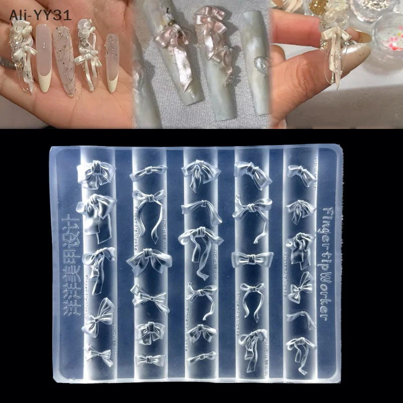 Molde de silicona para uñas con lazo 3D, cinta con forma de tamaño mixto, placas de estampado suave, pajarita Kawaii, herramientas de molde artístico para manicura DIY