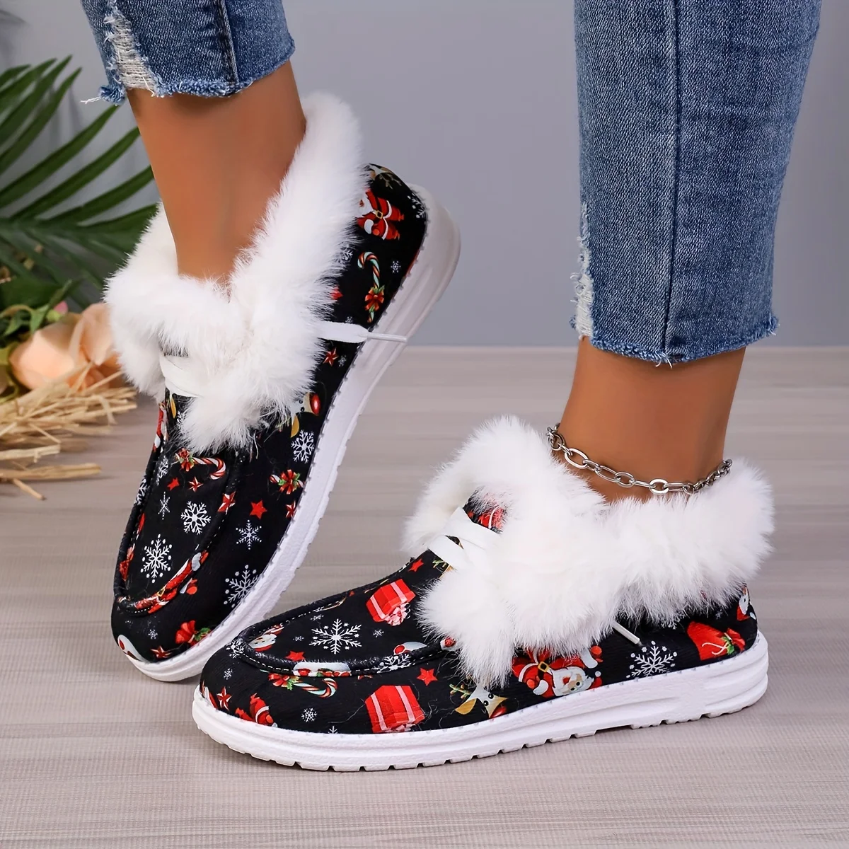 Women's Christmas Color Elements Print Non-slip Thickened Sneakers Comfortable Low Top Warm Sport Shoes Christmas Gifts