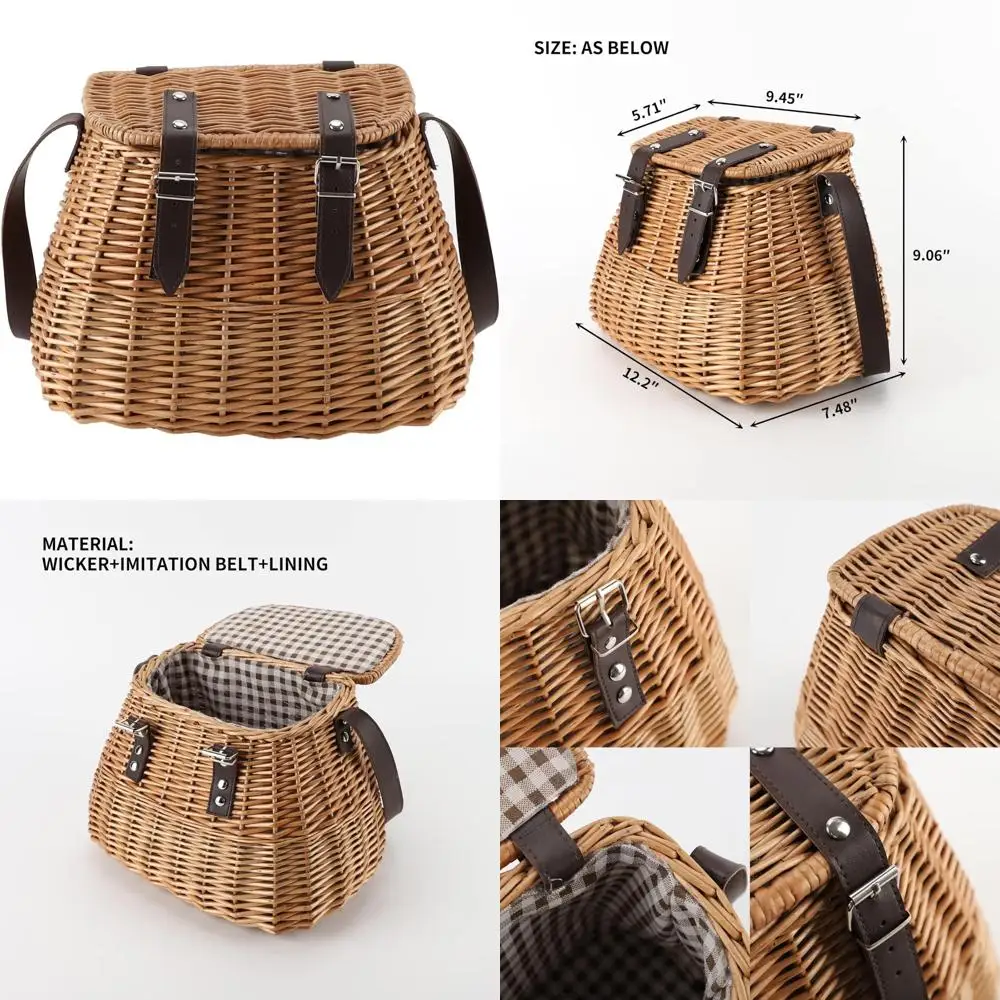 

wicker picnic basket, fishing creel basket, carrying gift basket with lid and shoulder strap