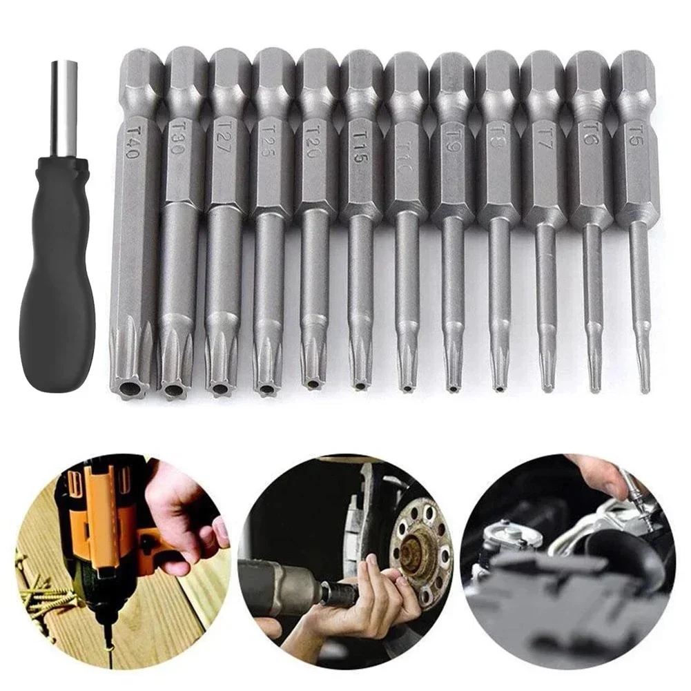 13pcs Security Bit Set Extension Bit Holder Tamper Star Screwdriver Bits Set 50mm T5-T40 S2 Alloy Steel Torx Screwdriver Bit