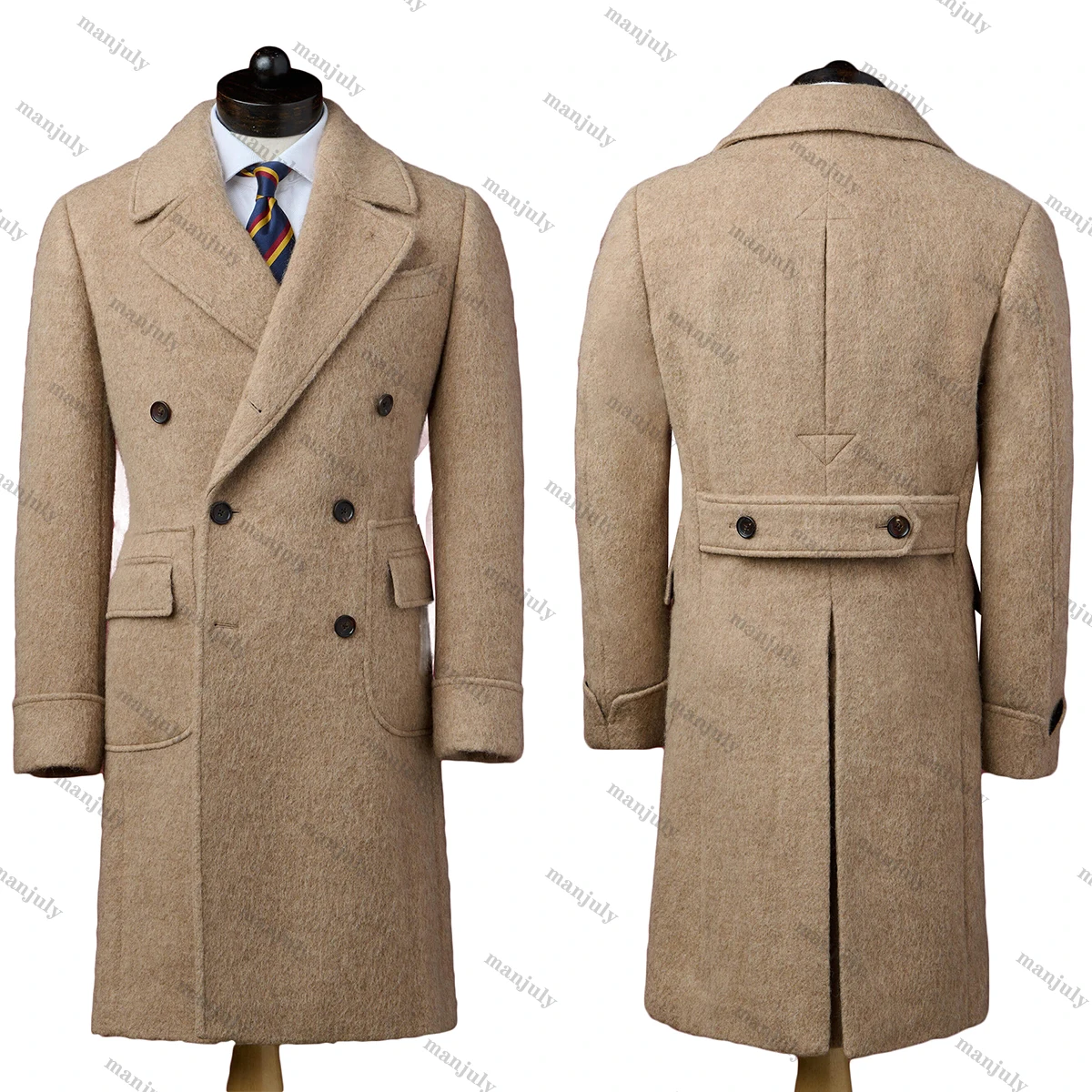 Handsome Warm Woolen Overcoat Men Thick Custom Made Vintage Double Breasted Pocket Coat Casual Winter Warm Coat