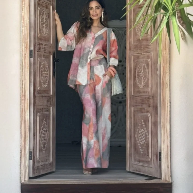 

New fashion printed loose shirt top casual high waist pants two-piece set simple and versatile temperament elegant holiday style