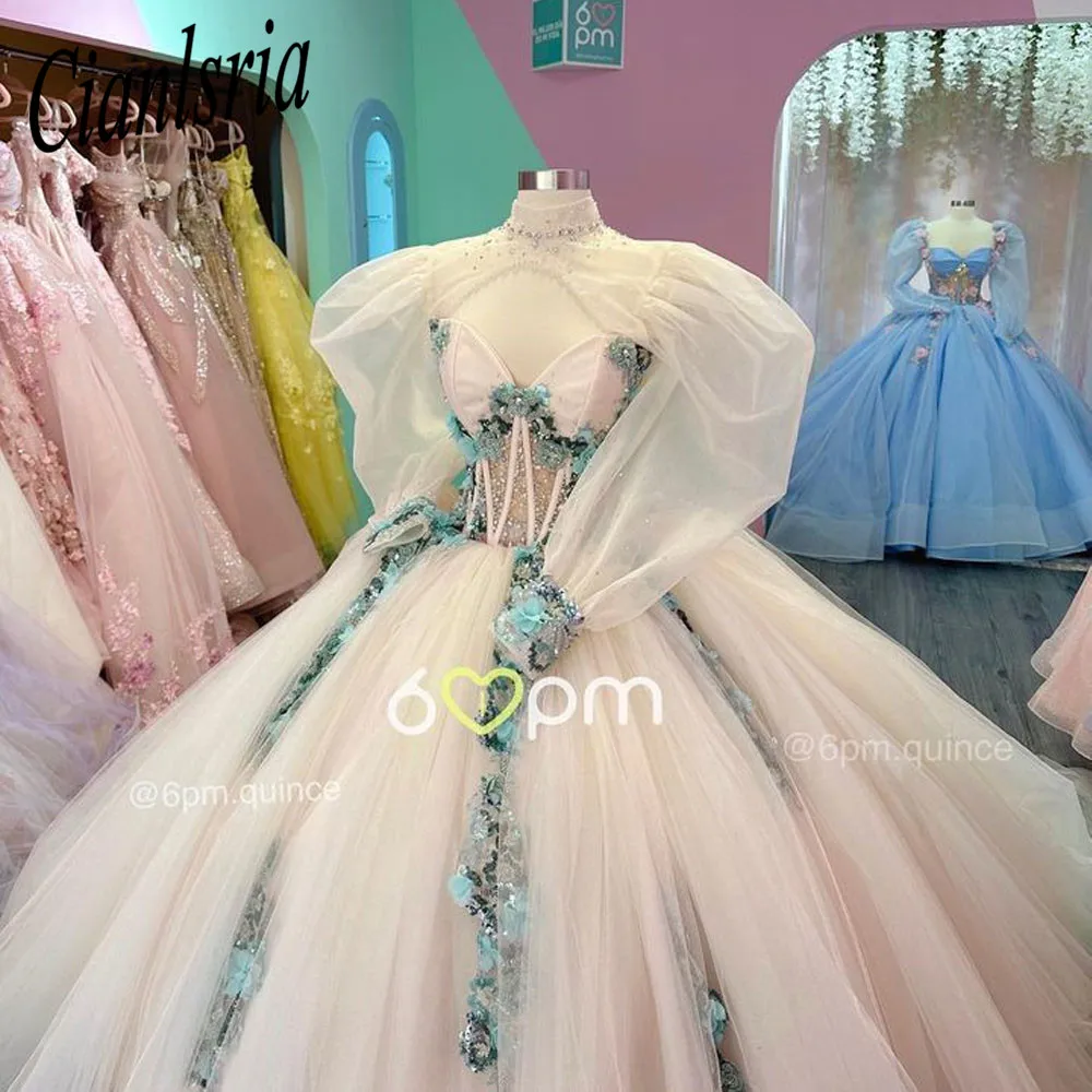 Vestidos De encaje Floral 3D champán para quinceañera, vestido De baile, corsé De corazón, dulce 15 Años