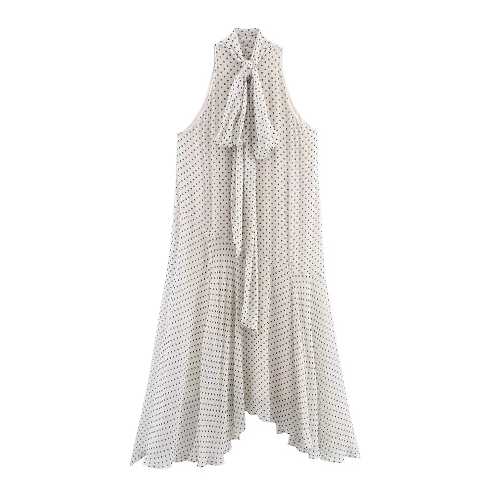 Sukienka damska PB&ZA 2025 bez rękawów, z dekoltem typu halter, w kropki, z asymetrycznym dołem, stylowa i elegancka, idealna na lato i imprezy.