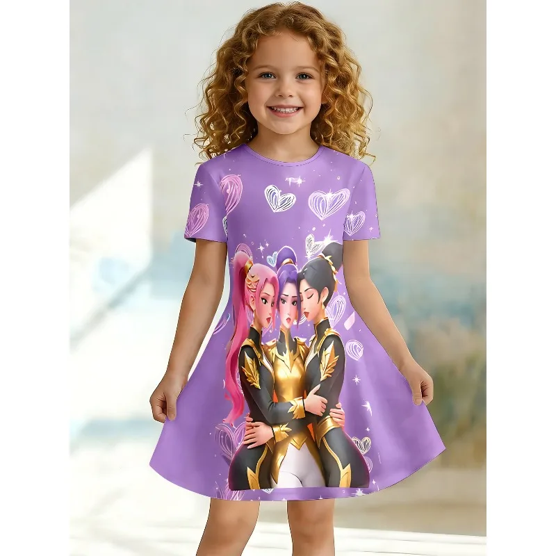 Girl Anime Girl Group Printed T-shirt Dress, Children's Party Purple Heart Casual Dress Suitable for Birthday Gifts