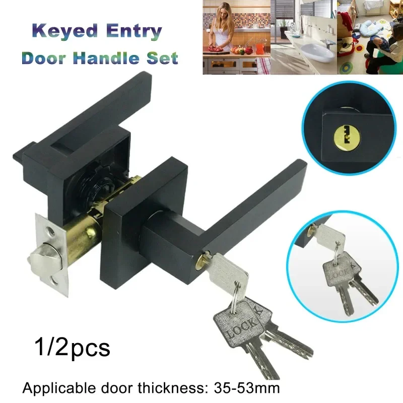 Matte Black Door Handles Privacy Door Levers Square Door Levers Heavy Duty Locks for Bedroom Bathroom Three-pole Lock Set