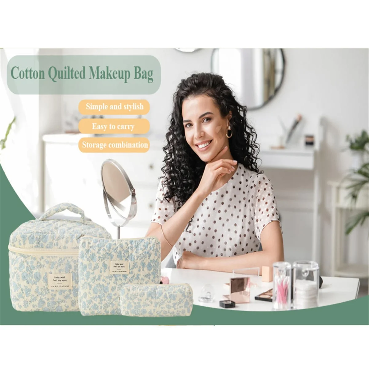 ABQR Косметичка для макияжа, 3 шт., хлопковая стеганая косметичка, эстетичная косметичка с цветочным принтом для женщин, F