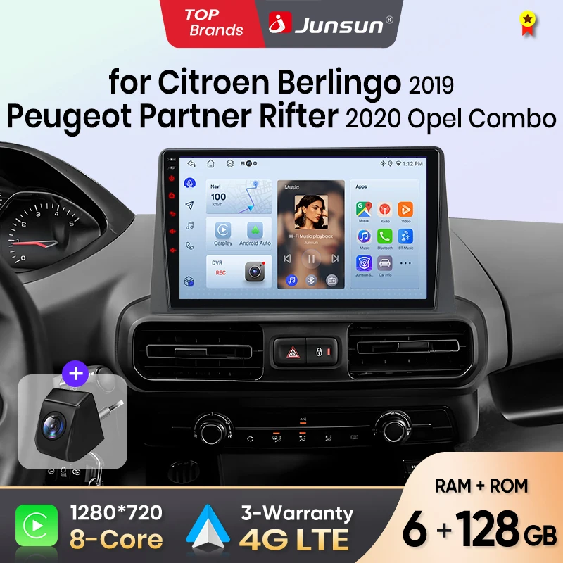 Junsun 10-calowe bezprzewodowe radio samochodowe CarPlay Android Auto do Citroen Berlingo 2019, Peugeot Partner Rifter 2020, Opel Combo, multimedialny bezprzewodowy Apple CarPlay, inteligentne