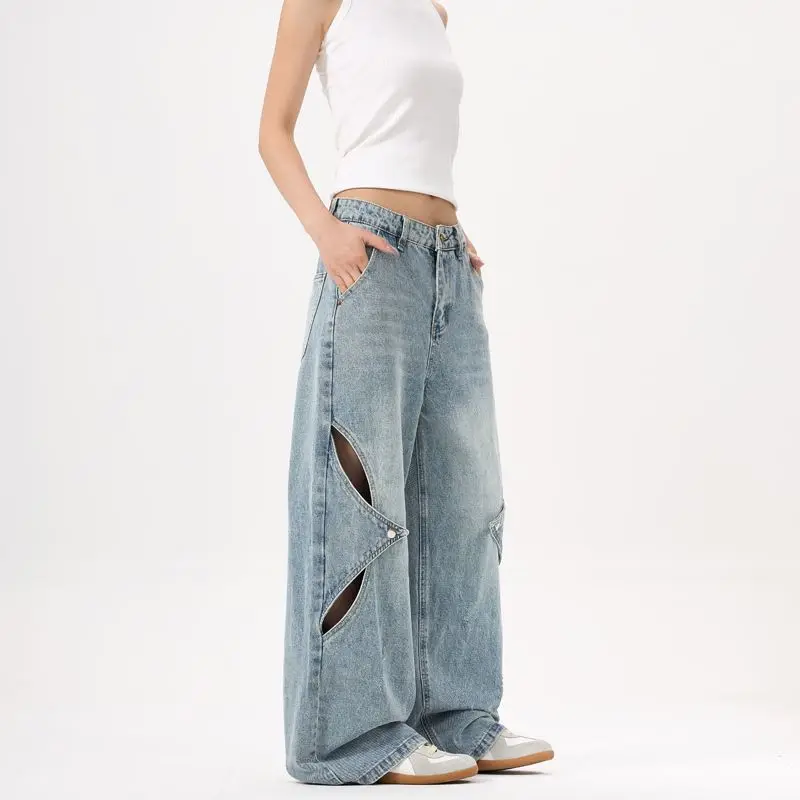 American style patchwork deconstruction baggy jeans ripped jeans for men and women loose wide leg unisex straight leg
