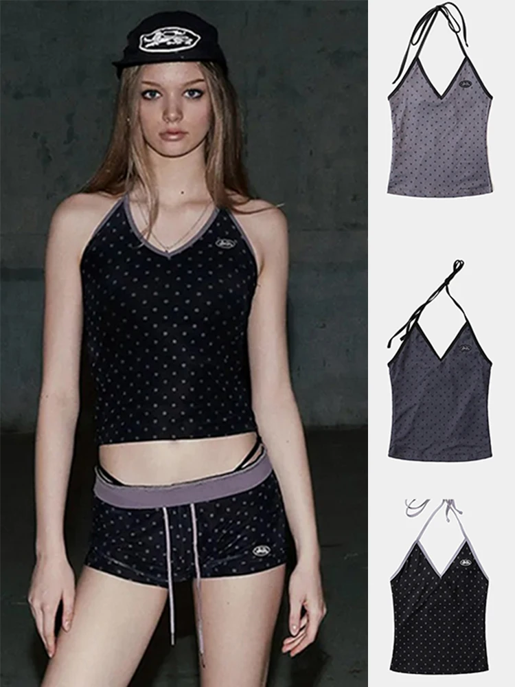 Sexy americano sle retro bolinhas cinta colete para mulher na moda casual ort comprimento impressão colheita topo sexy material resistente ao vento