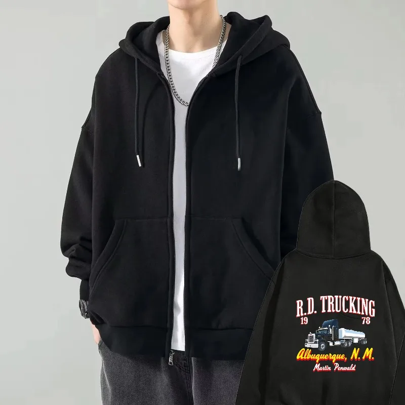 

Men's Hooded Jacket Black R.D. Trucking Albuquerque NM Printed Pattern Zipper Hoodie for Casual Streetwear and Daily Wear