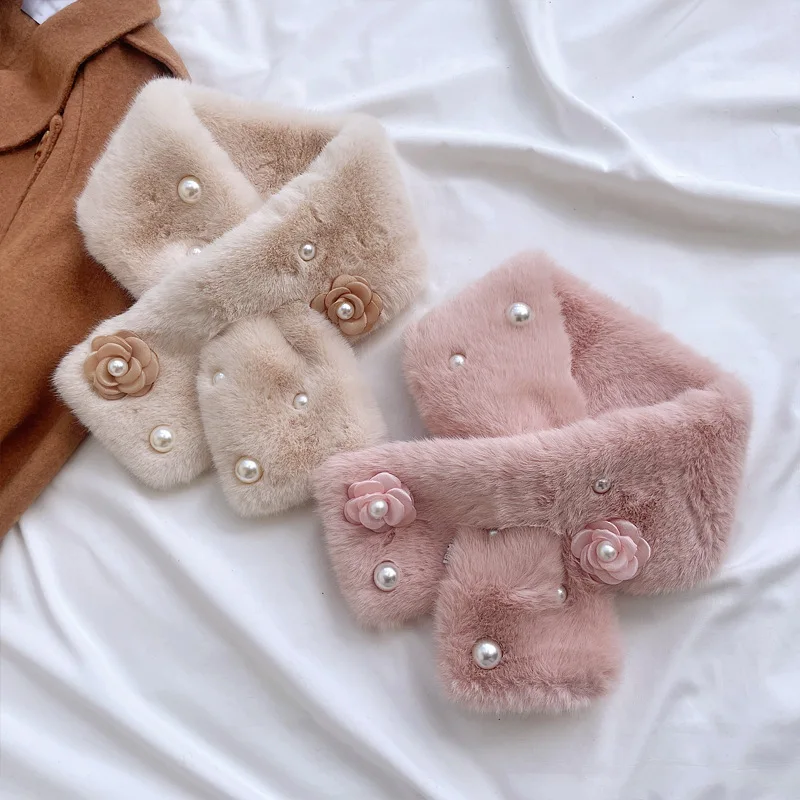 Korean Women Pearl Flowers Faux Rabbit Fur Collar Cross Plush Scarf Female Winter Outdoor Thicken Neck Protection Warm Shawl T61