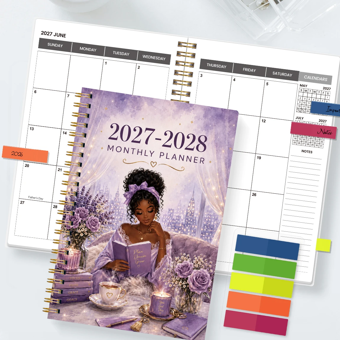 1PC 2027-2028 A5 Monthly Planner Notebook with Color Tabs, Purple Reading Spiral Organizer for Work, School & Daily Planning