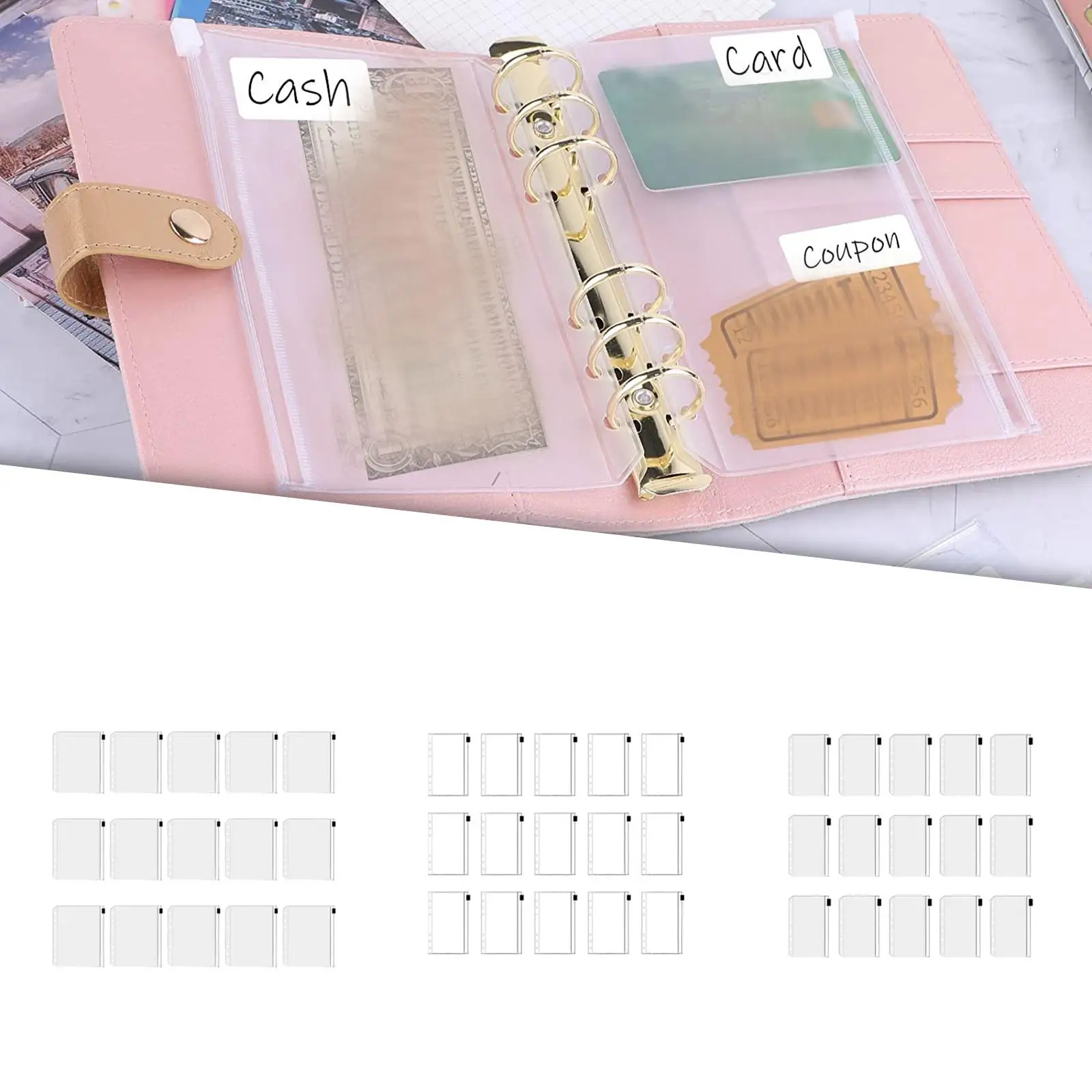 Set of 15 Clear Zipper Binder Pockets Notebook Binder Loose Leaf Bags