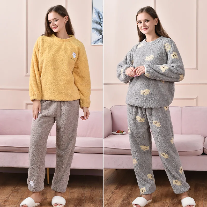 Casual Winter Print 2Pcs Pajamas Sets Women Sleep Wear Double Faced Velvet Sleep Suit Nightwear Shirt Pant Home Clothes