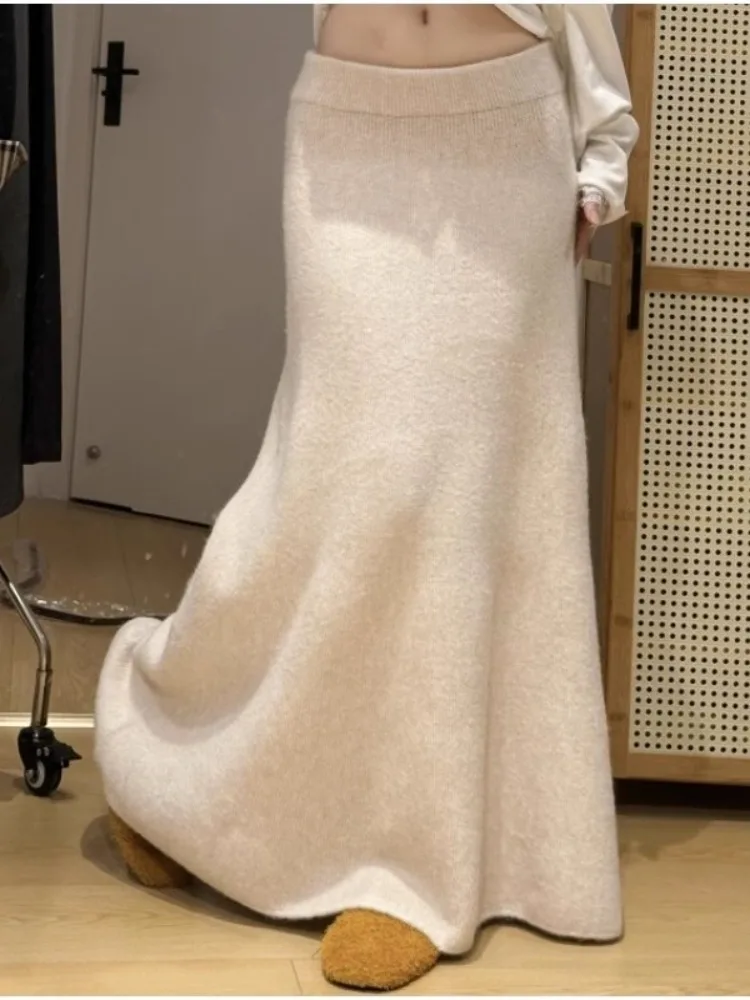 

Мягкая вязаная юбка-карандаш из кашемира для весны и осени, красивая утепленная юбка-русалка с высокой талией для женщин, повседневная, элегантная