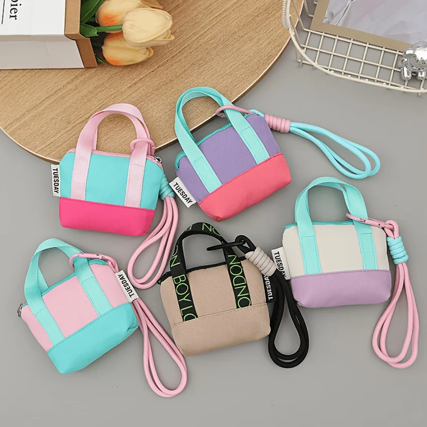 Dopamine Mini Canvas Tote Keychain for Women Small Change Coin Purse with Wrist Strap Key Headset Bag Colorful Travel Pouch
