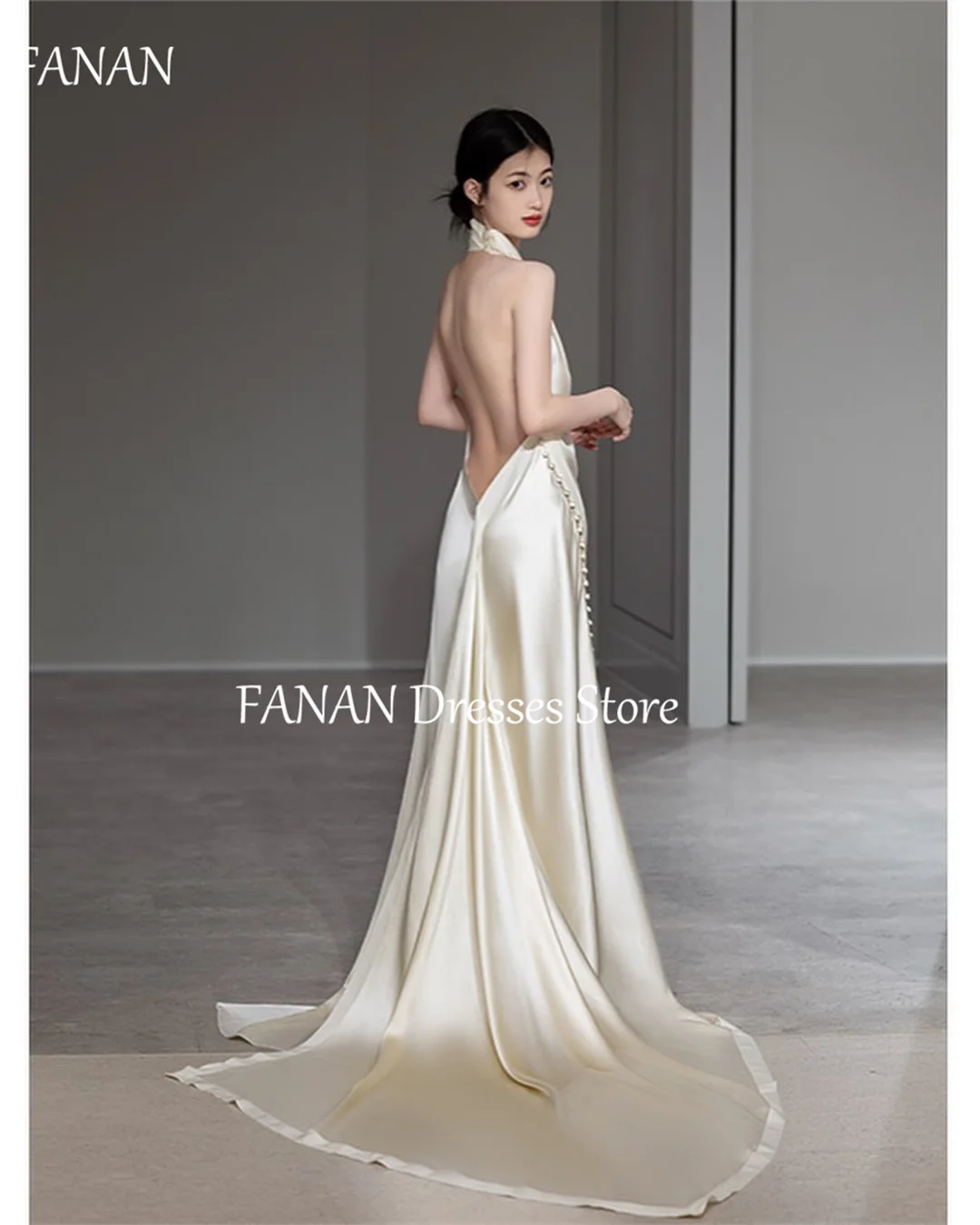 FANAN Simple Korea Sheath Ivory High Neck Wedding Dresses Silk Satin Beach 웨딩드레스  Ruched Custom Made Bride Gowns Plus Size
