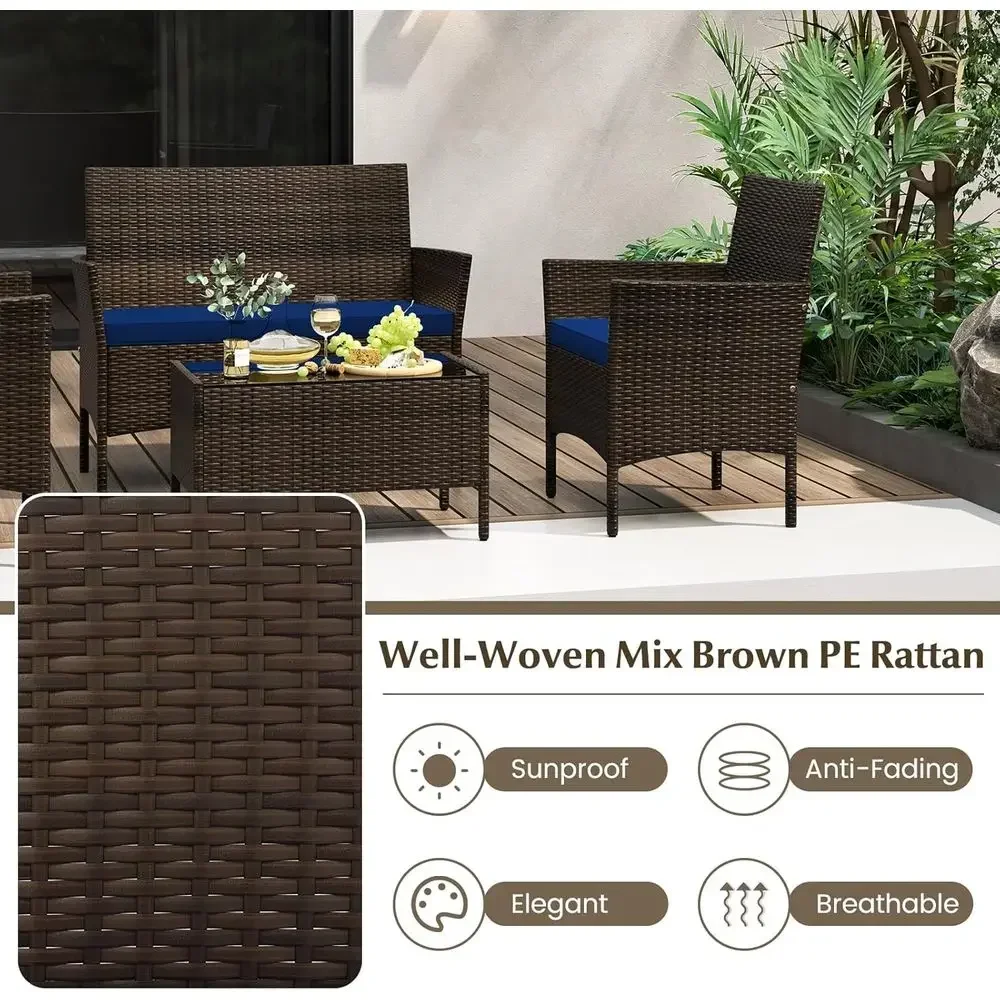 8-Piece Outdoor Rattan Patio Furniture Set with Cushions, Sectional Sofa, Loveseat, and Glass Table