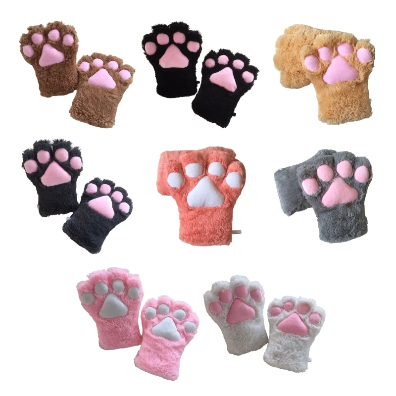 Winter Warm Fingerless Gloves Women Girls Lovely Plush Cat Paw Claw Gloves Fluffy Bear Paw Half Finger Gloves Mitten Gifts