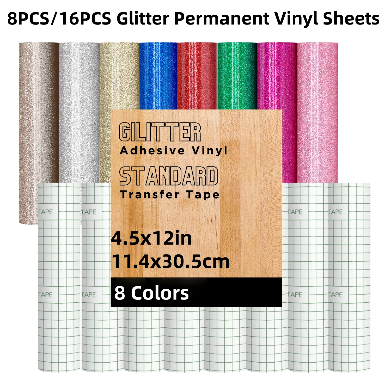 8PCS/16PCS 4.5*12in Glitter Permanent Vinyl Sheets,  For Cricut Joy, Car Decal, Craft Cutters, Deco Sticker