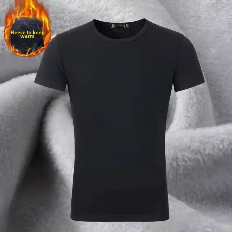 New Winter Men's Velvet Short Sleeve T-shirt Base Shirt Autumn/Winter Warm Underwear Half Sleeve Top Thermal Short Sleeve Men