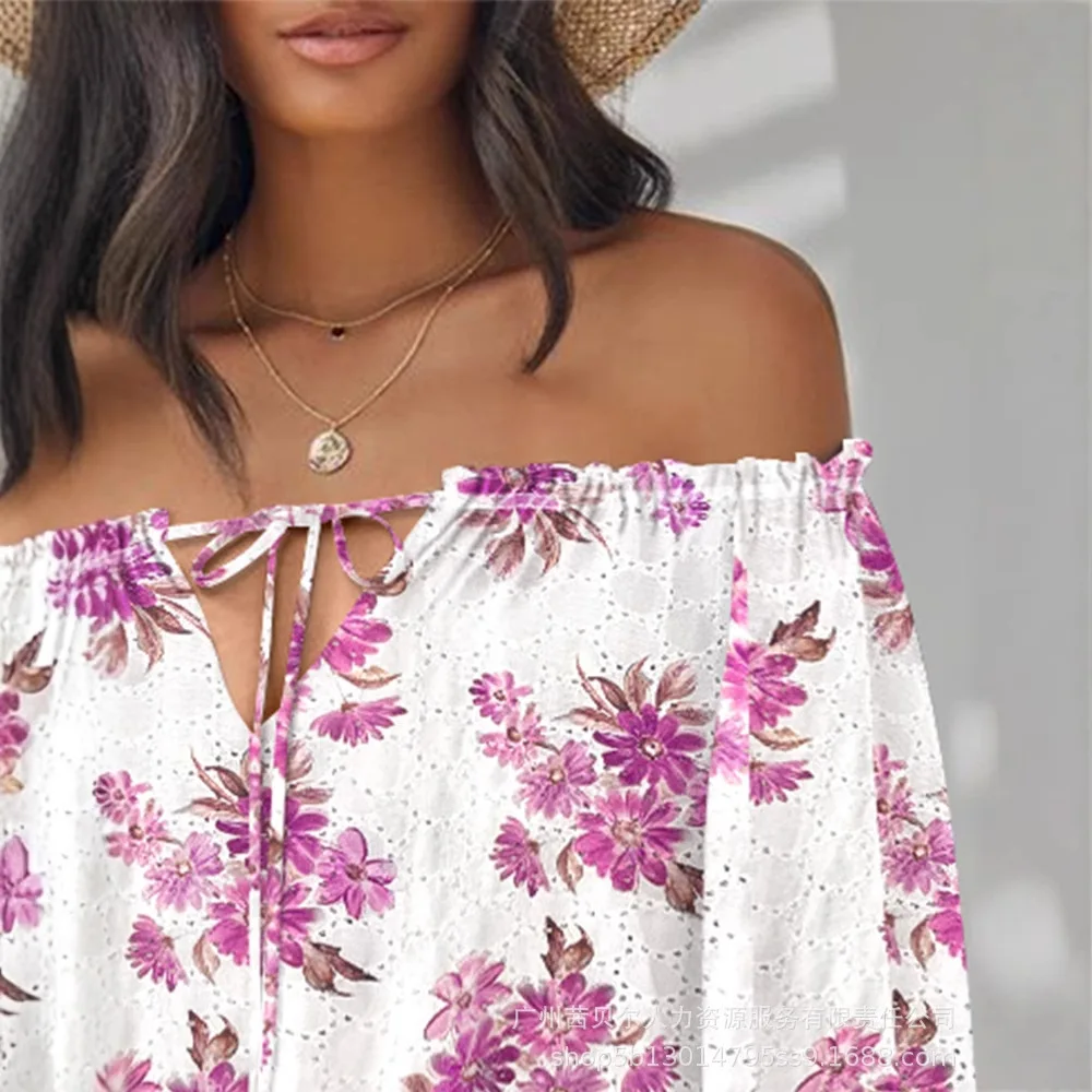 Women Strapless Slash Neck Floral Print Off Shoulder Eyelet Embroidery Blouse Three Quarter Sleeve Tied Detail Top