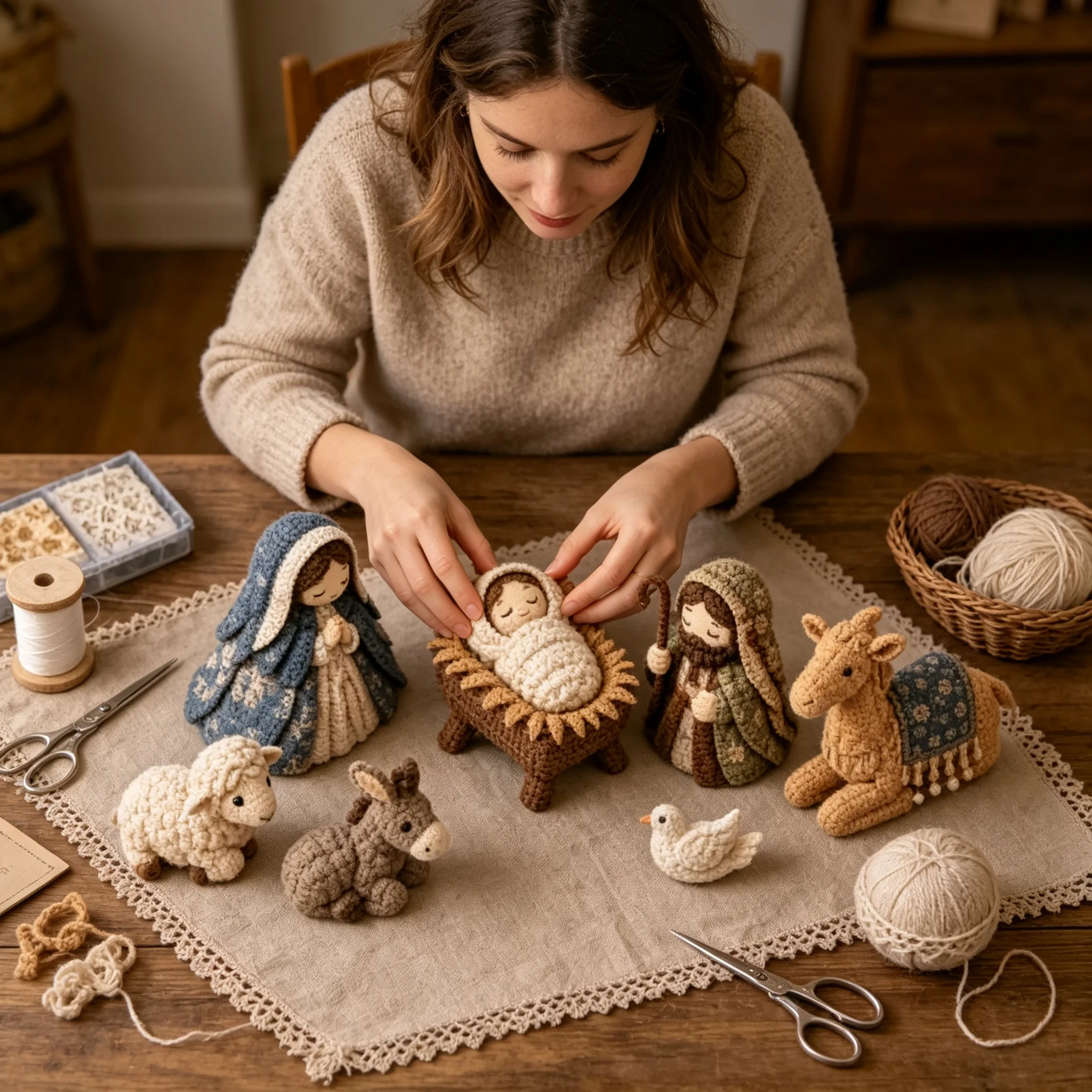 DIY Crochet Nativity Scene Craft Kit Hand Knit Doll Set Desktop Scene Ornament Making Kit Holiday Gift for Handicraft Beginners