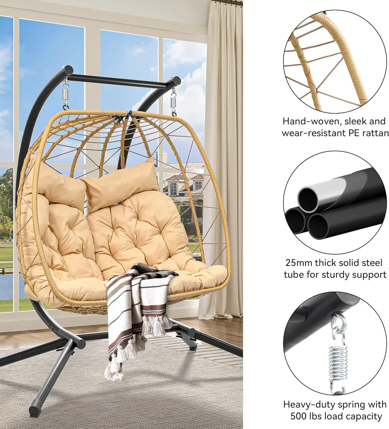 2 Person Double Wicker Hanging Hammock Egg Chair Swing Chair with Stand Outdoor Indoor for Patio Garden Bedroom and Balcony