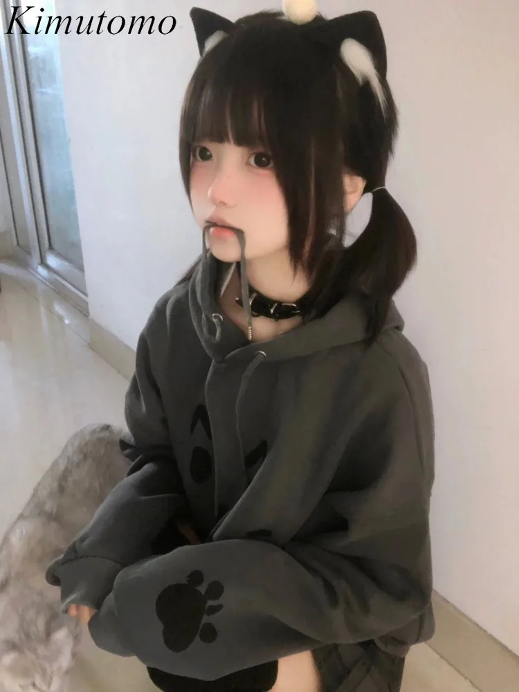 

Kimutomo Hoodies Women Cartoon Cat Autumn Winter Loose Sweet Fashion Y2k Aesthetic Harajuku Sweatshirts Pockets Ladies Casual