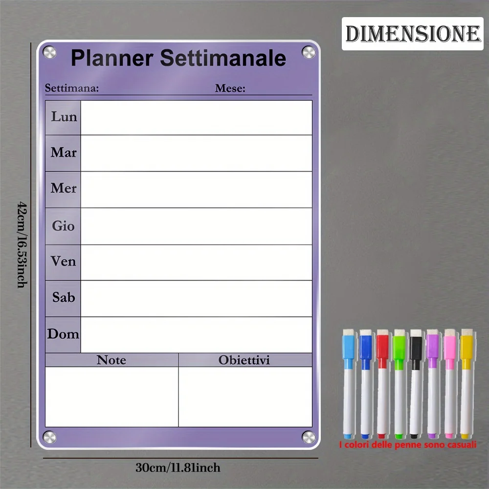 Italiano | Magnetic Weekly Planner in Italian, Writable And Erasable, Includes 8 Pens. Ideal for Planning Meals