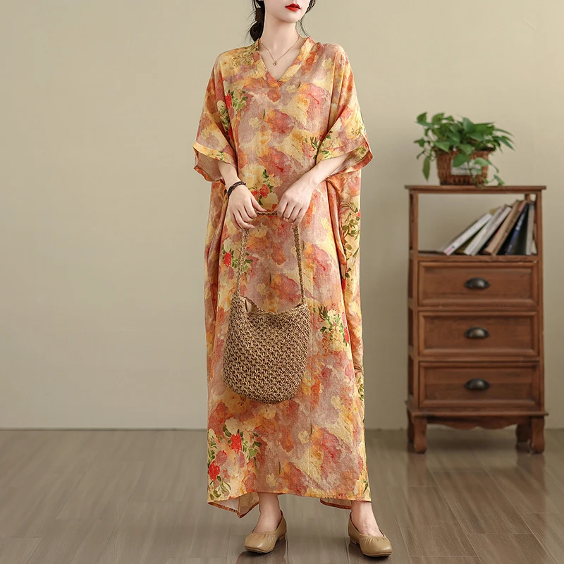 Vestido Largo de Verano con Estampado Floral, Cuello en V, Aodón, Estilo Casual de Viaje, Disimula la Figura, Falda Midi Re...