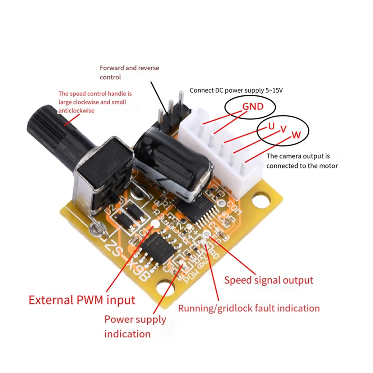 BLDC 3-Phase Brushless Motor Driver DC5V-15V 2A 15W DC Motor Speed Controller Sensorless Board Module Power Supply