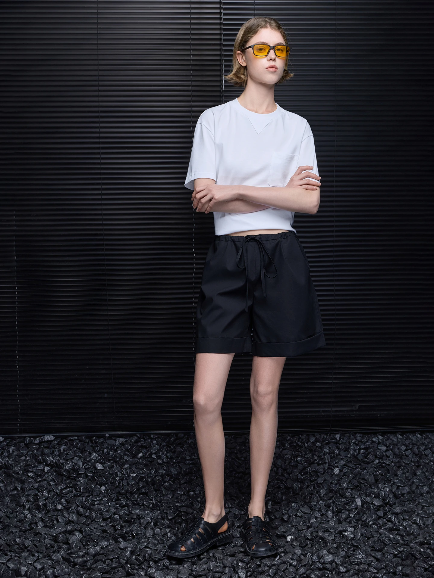 

Black Cotton Drawstring Shorts Women's Casual Loose Slimming Lazy Style Summer New Arrival Street Style Straight Leg Pants