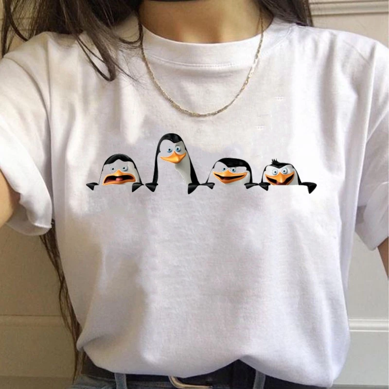 T-shirt de manga curta com estampa pinguim bonito para mulheres e meninas, casual, engraçado, verão