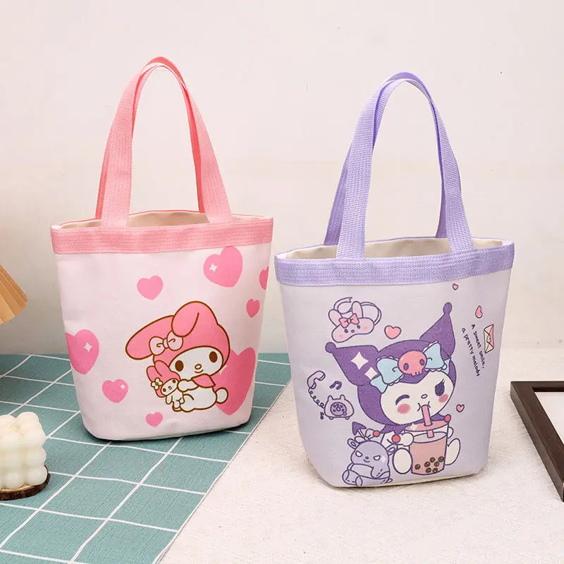 

Sanrio Cute Bucket Bag My Melody Print Handbag Холщовая сумка Новый стиль для девочек Студенческая сумка для мамы Сумка Bento Рабочая маленькая сумка Сумка для покупок