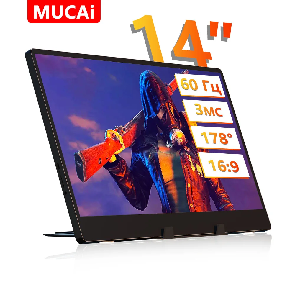 

14-дюймовый портативный монитор MUCAI N140-S36, широкоугольный, 178 ° USB C HDMI для ноутбука/телефона/PS5/Xbox с динамиками 60 Гц