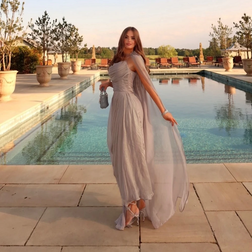 Customized Strapless Simple Chiffon Draped Evening Dress Backless With Sweep Train Party Dress Sleeveless Ankle Lenght Prom Gown