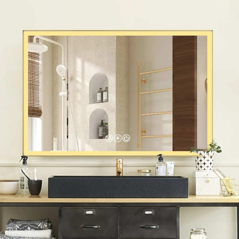 48*32in LED Framed Bathroom Vanity Mirror, Aluminum Frame with 45° Beveled Angle Beveled Lights, 3 Colors, Anti-fog, Suitable